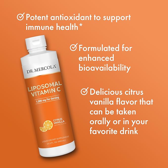 Dr. Mercola Liquid Liposomal Vitamin C - Antioxidant & Immune Support Supplement - Includes Vitamin E - GMO-Free, Gluten-Free & Soy-Free - Citrus Vanilla Flavor - 450 mL (30 Servings) - 3 Pack