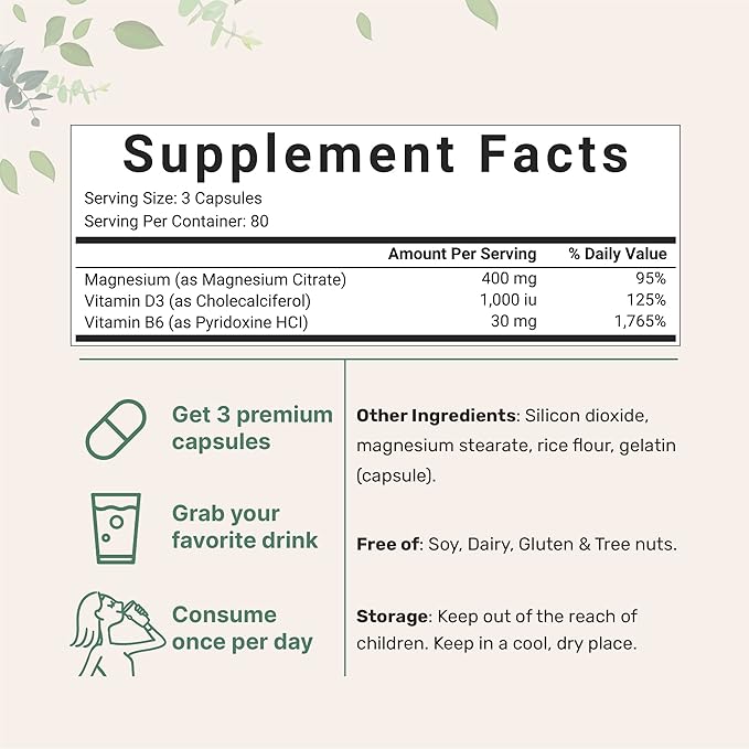 Magnesium Citrate 400mg with Vitamin D3 1000IU & B6, 240 Capsules | Elemental Mineral & Vitamins Complex | Combats Constipation, Supports Muscle, Heart, & Bone Health – Non-GMO