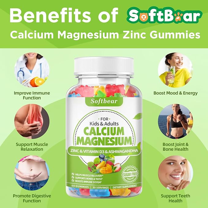 softbear Calcium Magnesium Zinc Gummies for Women, Calcium Magnesium Supplement Chewable Calcium 600 mg with Vitamin D3 for Bone Strength Vegan Mixed Fruit Flavor 120 Gummies