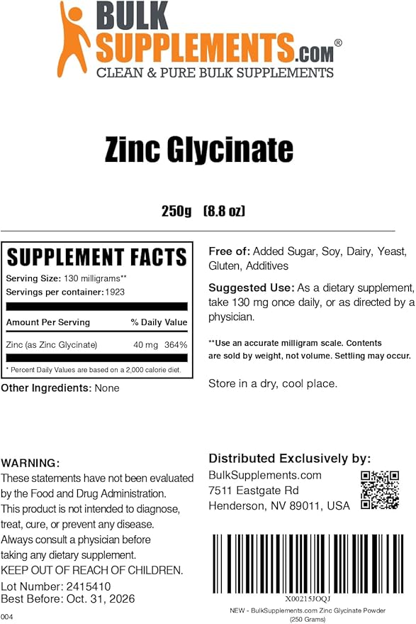 BulkSupplements.com Zinc Glycinate Powder - Zinc Supplement, for Immune Support - Gluten Free, 130mg per Serving, 250g (8.8 oz) (Pack of 1)