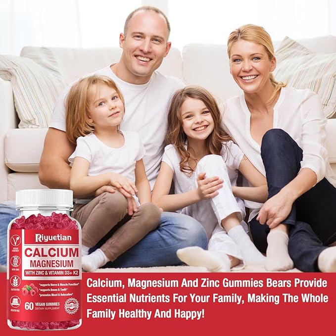 2 Pack Calcium Magnesium Zinc Gummies with Vitamin D3 Supplement, High Absorption Zinc Gummies for Bone & Teeth & Immune Health, Gluten-Free, Vegan, Kids & Adults, 120 Count