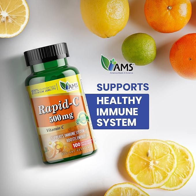 America Medic & Science Rapid-C 500mg Vitamin C Supplement (3 Pack of 100 Tablets) Energy Booster, Daily Immune System Support, Antioxidant | Vegan, Non-GMO Coated Ascorbic Acid for Adult Men & Women