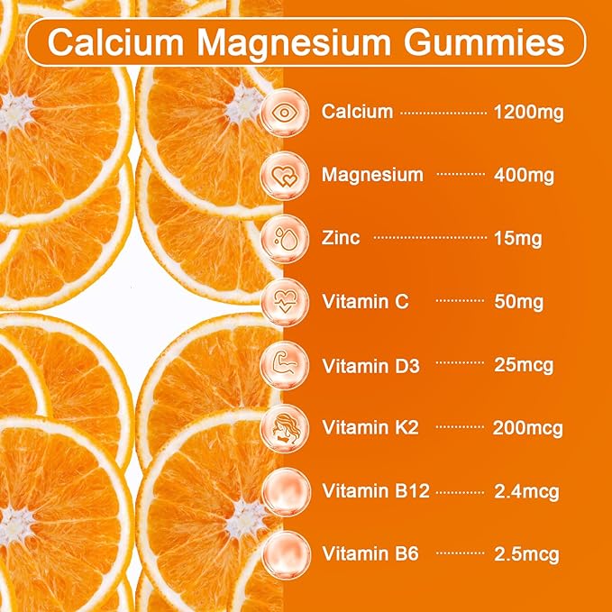 Calcium Magnesium Zinc Gummies for Adult: 1200mg Calcium Citrate with Vitamin D3 K3 - Natural Organic Sugar Free High Absorption Supplement for Women Men Kids(120Count)