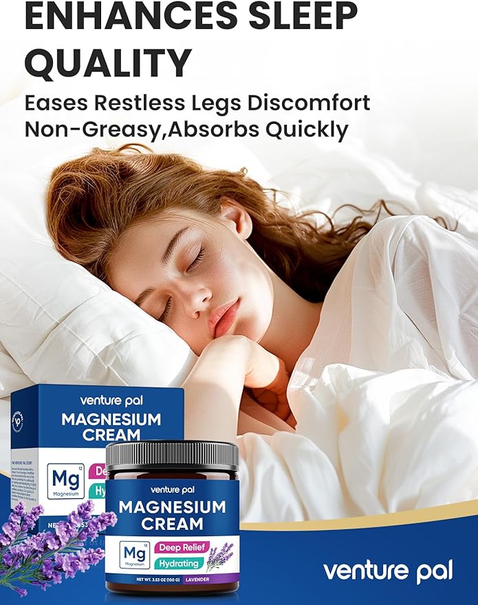 Venture Pal Magnesium Lotion, Topical Magnesium Cream for Sleep, Leg Cramps & Pain, Muscle Relaxation, Calm, Moisturizing Supplement with Coconut Oil, Shea Butter & Hyaluronic Acid, Safe for Kids