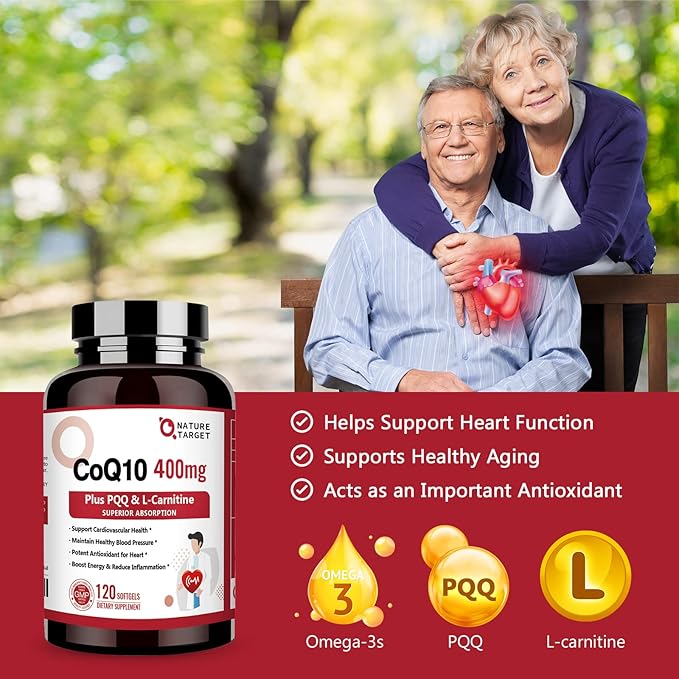 NATURE TARGET CoQ10-400mg with PQQ, Omega-3s & L-Carnitine, High Absorption Coenzyme-Q10 with BioPerine, Supports Heart, Brain, Immune System, Energy Production, 120 Servings