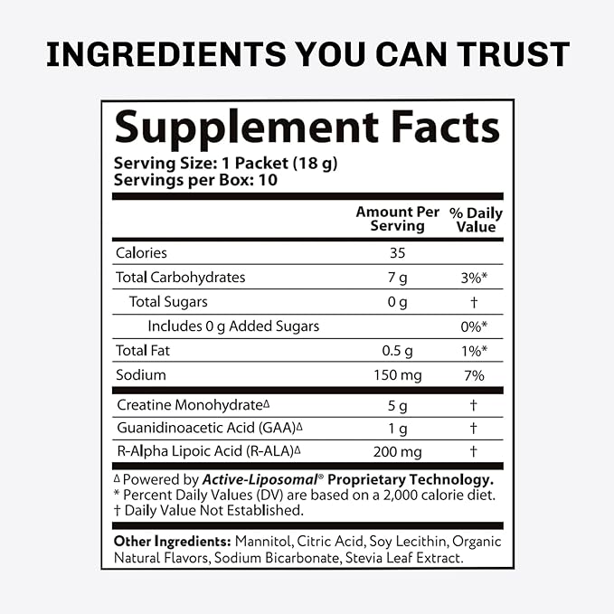 Aurora Nutrascience Liposomal Creatine + GAA & R-ALA Lemon Lime Powder Drink Mix, Increased Energy, Supports Exercise Performance & Muscle Growth, 10 Packets