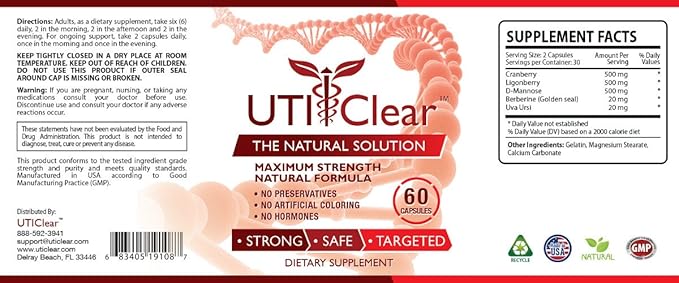 UTI Clear - Urinary Tract Support- 100% Pure Key Ingredients – Cranberry, Lingonberry, D-Mannose, Berberine & Uva Ursi - 1 Bottle