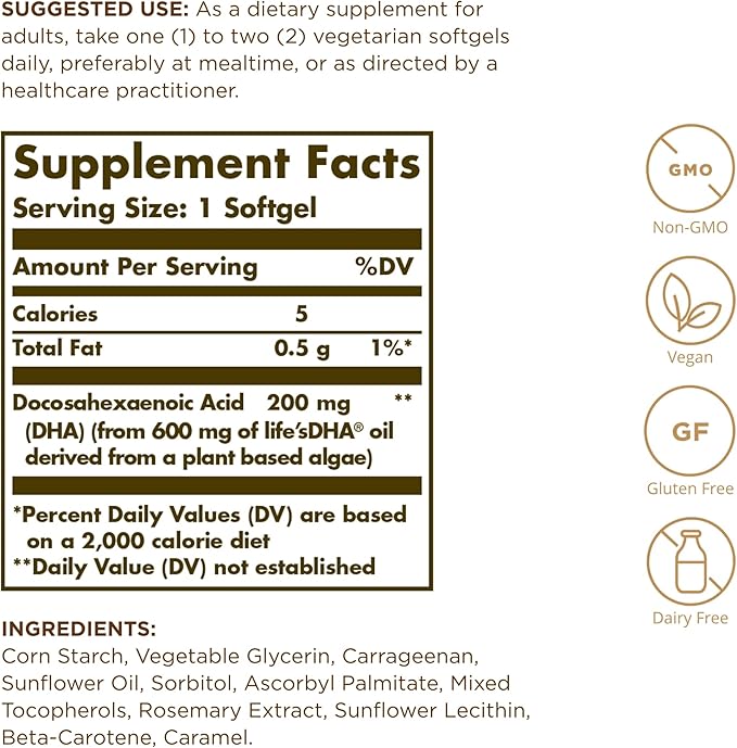 Solgar Vegetarian DHA 200 mg - 50 Vegetarian Softgels - Naturally Sourced Omega-3 - Vegan, Gluten Free, Dairy Free - 50 Servings