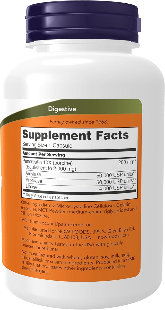 NOW Foods Supplements, Pancreatin 2000 with naturally occurring Protease (Protein Digesting), Amylase (Carbohydrate Digesting), and Lipase (Fat Digesting) Enzymes, 250 Capsules