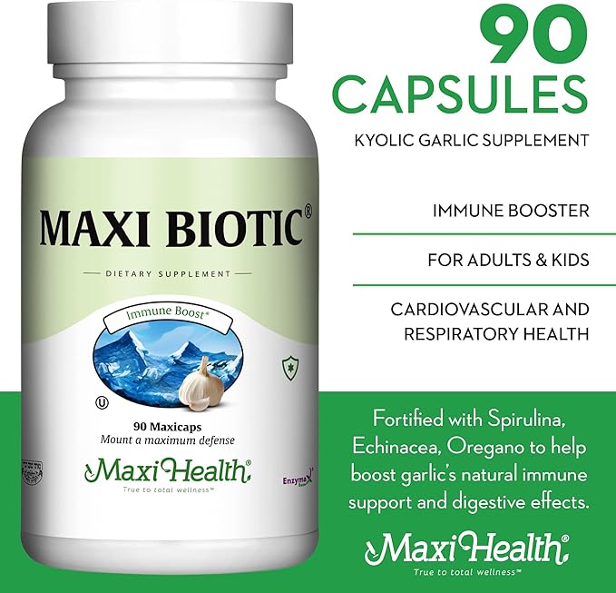 Maxi Health - Maxi Biotic Aged Garlic Extract Capsules (90 Count) | Kyolic Garlic Supplement with Spirulina, Echinacea, Oregano and Enzymax - Natural Antioxidant - Wellness Support
