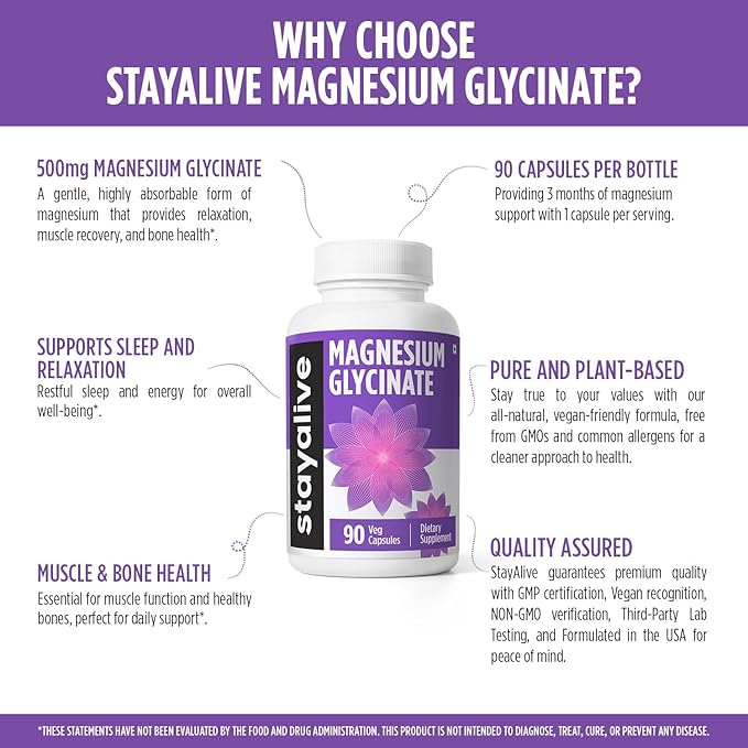 STAY ALIVE Chelated Magnesium Glycinate 500mg, High Absorption, 90 Capsules, 100% Pure Glycinate Powder, Extra Strength Magnesium Supplement for Women and Men, Non-GMO & Gluten Free Pills
