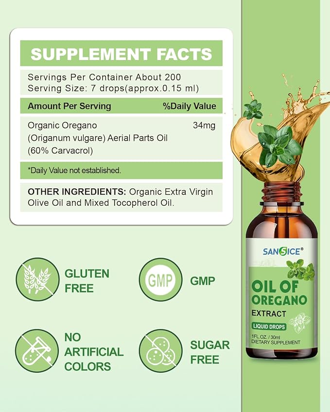 Oil of Oregano Drops, Organic Oregano Oil with Carvacrol, 60% Carvacrol Liquid Supplement for Support Immune Function, Digestive Health & Antioxidant Benefits(1 FL OZ)