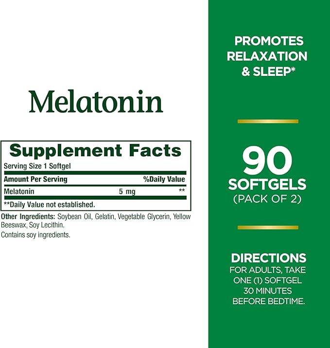 Nature's Bounty Melatonin, 100% Drug Free Sleep Aid, Dietary Supplement, Promotes Relaxation and Sleep Health, 5mg, 90 Softgels (Pack of 2)