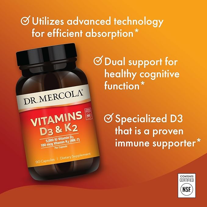 Dr. Mercola Vitamins D3 & K2 Dietary Supplement, 90 Servings (90 Capsules), Supports Heart Health, Immune Support, Non GMO, Soy Free, Gluten Free
