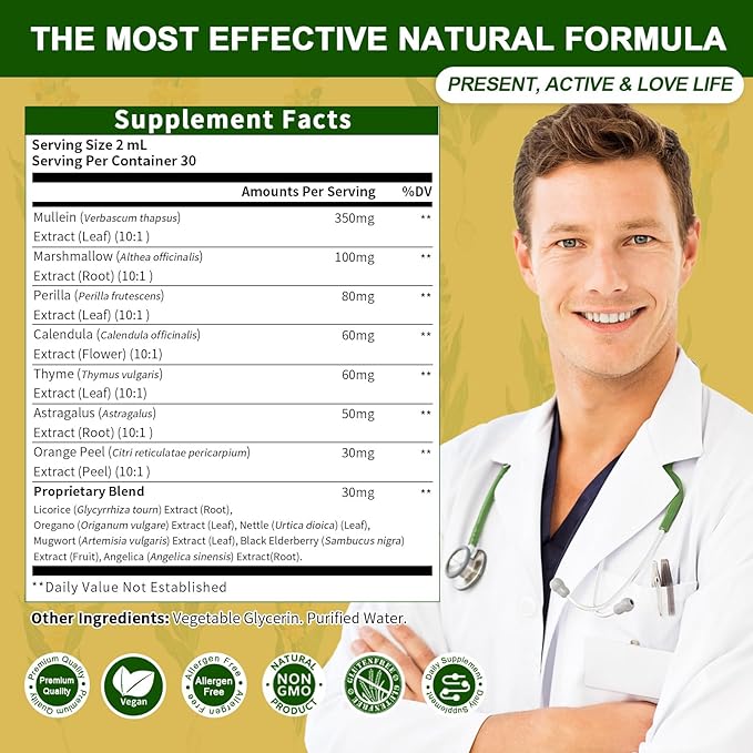 2 Pack Mullein Leaf Drops for Lungs - Mullein Leaf Extract & Marshmallow Root for Lung Cleanse & Detox - Mullein Tincture for Respiratory & Immune Support Herbal Supplement, 2 fl oz