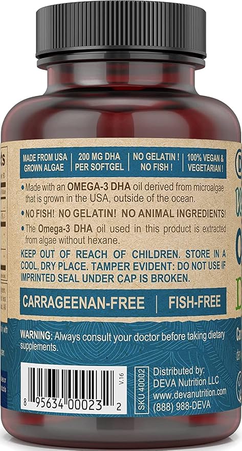 DEVA Vegan Omega-3 DHA Supplement - Once-Per-Day Softgels 200 MG - Carrageenan Free - Gelatin Free - Non-Fish - Algae Oil Omega-3 Fatty Acids - 90 Softgels (Pack of 2)