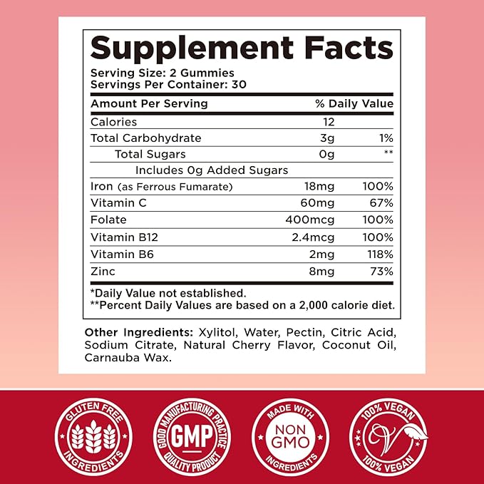 Iron Supplement for Women & Men - Iron Gummies with Vitamin B6, B12, C, Zinc, Folate for Adults & Kids - Support Iron Deficiency, Anemia, Energy Boost, Blood Builder - Sugar Free Vegan 60ct Cherry