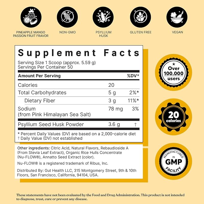 ColonBroom Psyllium Husk Powder with Stevia (Tropical Fruits) - Colon Cleanse for Bloating Relief & Gut Health - Colon Broom Fiber Powder Drink - Vegan Fiber Powder Stevia Supplement, 100 Servings