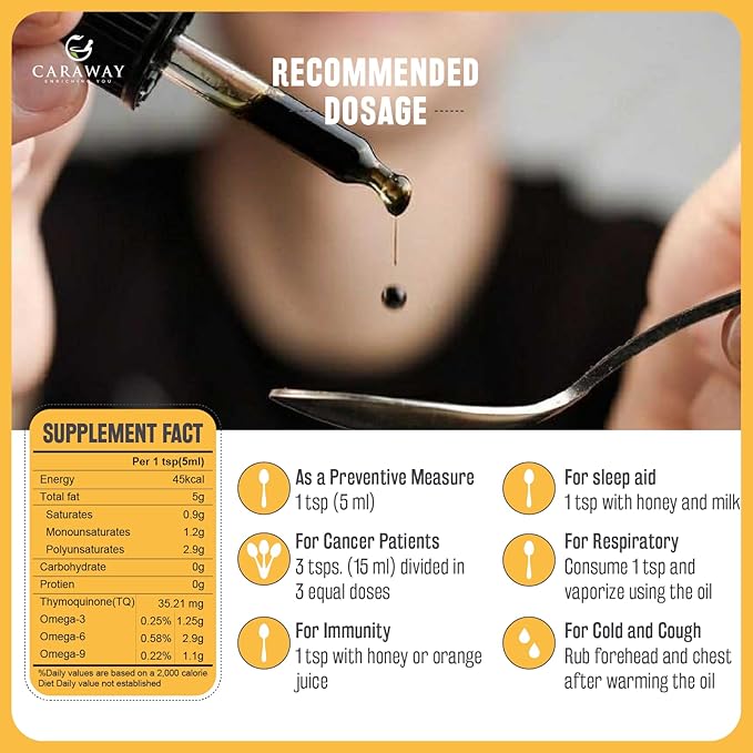 CARAWAY Black Cumin Seed Oil – Cold Pressed Black Seed Oil rich in Thymoquinone – Immunity Booster – Hair Care – Glass Bottle – 8 oz / 236 ml