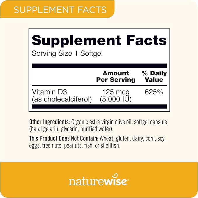 NatureWise Vitamin D3 5000iu (125 mcg) 200-Day Supply for Immune Support, Healthy Muscle Function, and Bone Health - Non-GMO, Gluten Free in Organic Extra Virgin Olive Oil, (Mini Softgel), 200 Count