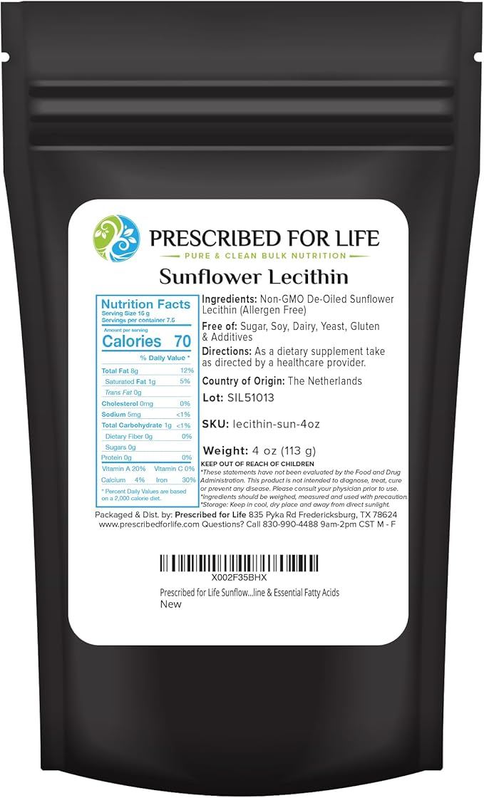 Prescribed For Life Sunflower Lecithin Powder, Unbleached, Gluten Free, Vegan, Non GMO, Soy Free, Kosher, Naturally Rich in Choline & Essential Fatty Acids (4oz / 113g)