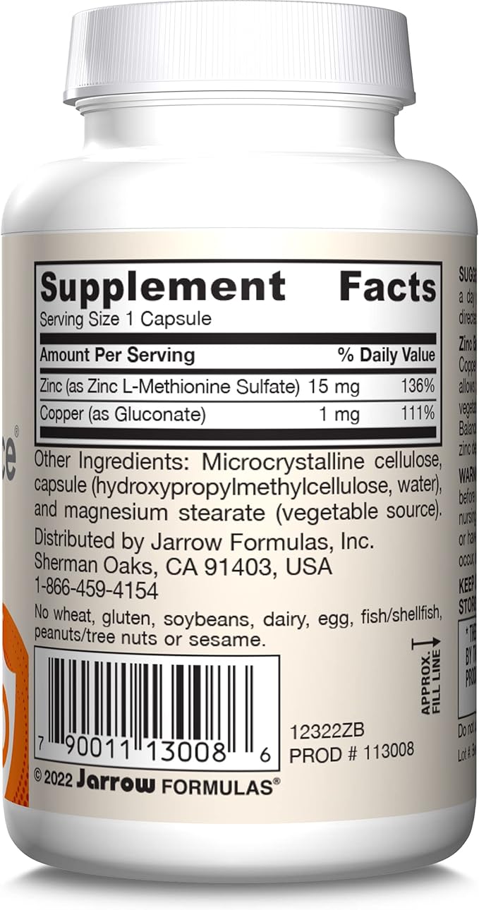 Jarrow Formulas Zinc Balance 15 mg - 100 Servings (Veggie Caps) Includes Copper Essential Mineral for Immune System Support - Immune Support Supp - Gluten Free Zinc Copper Supp - Vegan, Pack of 12