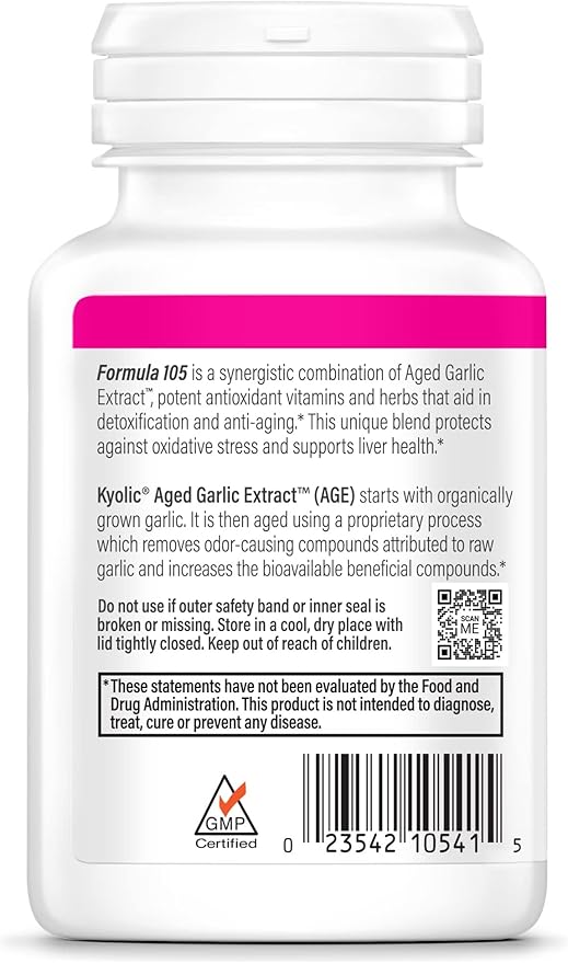 Kyolic Aged Garlic Extract Formula 105, Detox and Anti-Aging, 100 Capsules (Packaging May Vary)