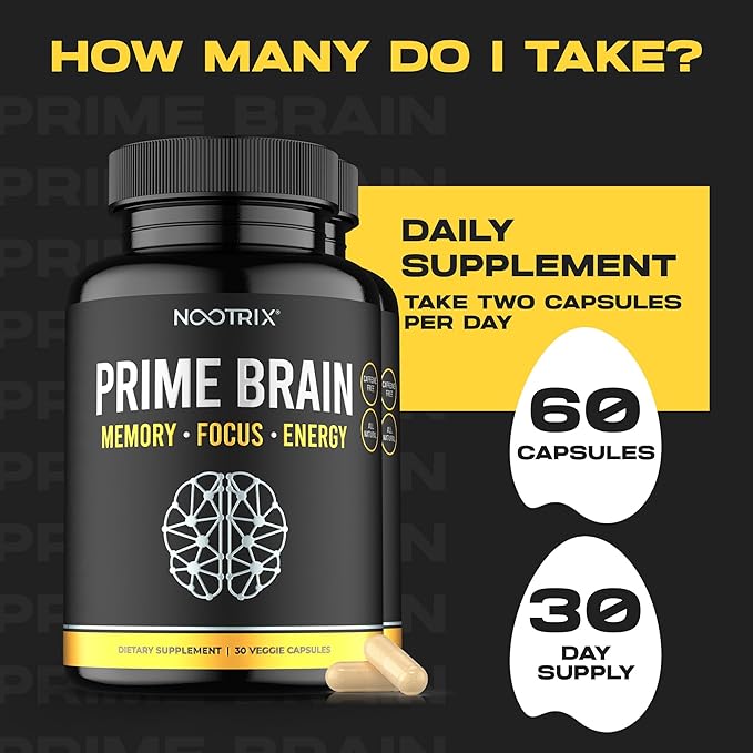 Prime Brain Nootropic Supplement | Supports Memory, Mental Focus, Cognitive Health & Energy | Promotes Healthy Mood & Brain Function | Ginkgo Biloba, Lion's Mane & L Theanine | 60 Capsules
