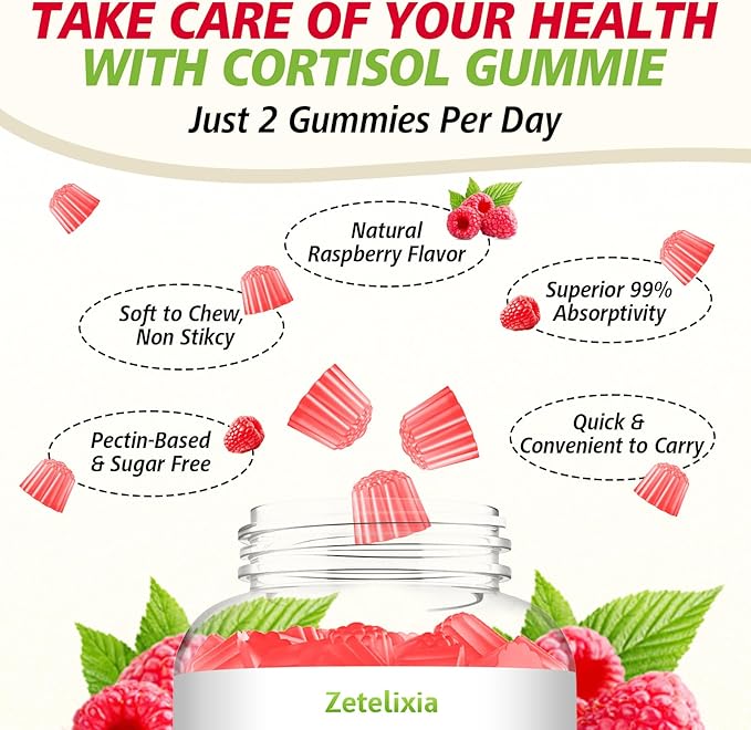16-in-1 Cortisol Gummies for Women, Sugar Free Cortisol Gummies Supplement with Ashwagandha, Rhodiola Rosea, Magnesium, L-theanine for Relaxation, Sleep, Cognition, Raspberry Flavor, 60Ct
