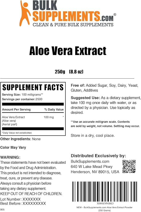 BulkSupplements.com Aloe Vera Extract Powder - Aloe Vera Supplement, Aloe Vera Powder - Herbal Supplement, Pure & Gluten Free, 100mg per Serving, 250g (8.8 oz) (Pack of 1)