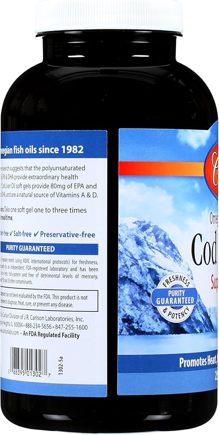Carlson - Cod Liver Oil Gems, Super 1000 mg, 250 mg Omega-3s, 400 IU (10 mcg) Vitamin D3, Wild Caught Norwegian Arctic Cod Liver Oil, Nordic Fish Oil Capsules, 250 Softgels