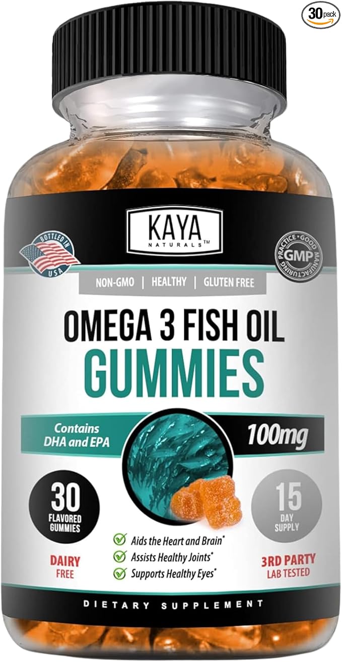 Kaya Naturals Omega 3 Fish Oil Gummies -Fish Oil Supplement with EPA & DHA Fatty Acids - Helps Support Brain, Eye, Heart Health & Immune Support - Non-GMO - 30 Count