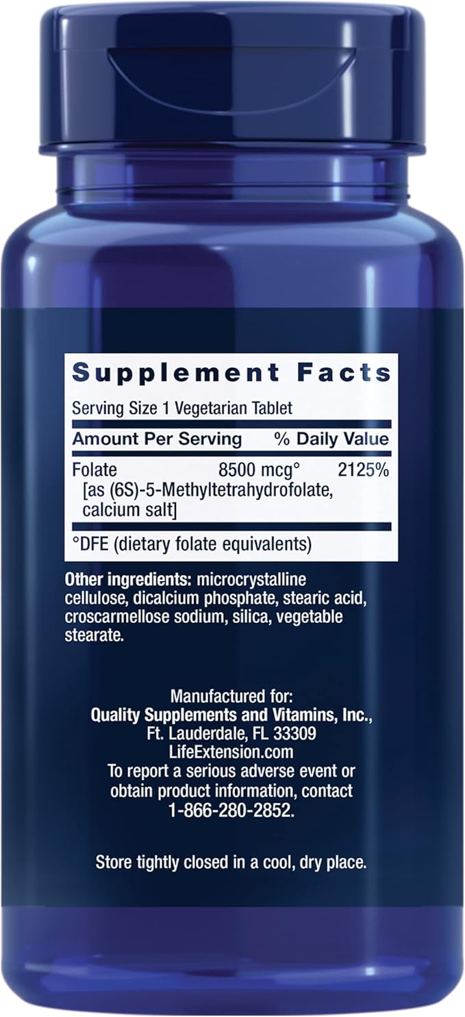 Life Extension High Potency Optimized Folate – L-methylfolate – Folic Acid, 8500 mcg DFE – Heart & Brain Support, Healthy Homocysteine Levels – Gluten-Free, Non-GMO, Vegetarian – 30 Tablets