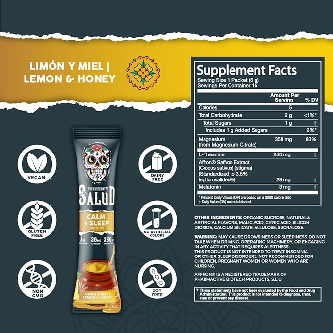 Salud 2-in-1 Sleep Aid + Calm Drink Mix, Punch Ponche Flavor, Melatonin, Magnesium, Saffron Extract, L-Theanine, Non-GMO, Gluten Free, Vegan, Low Calorie, 1g of Sugar (15 Servings)