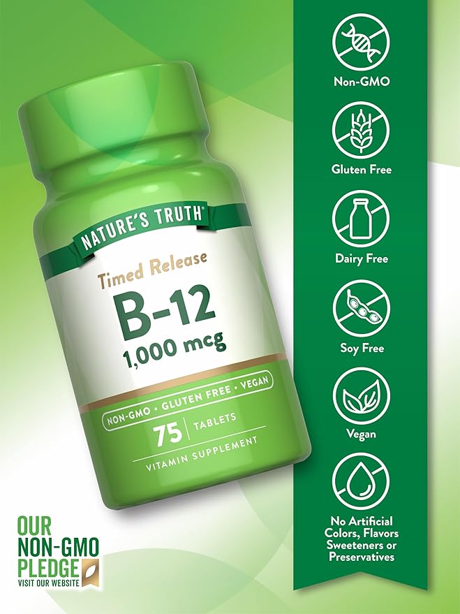 Nature's Truth Vitamin B12 1000 mcg | 75 Timed Release Tablets | Vegan, Non-GMO & Gluten Free Supplement
