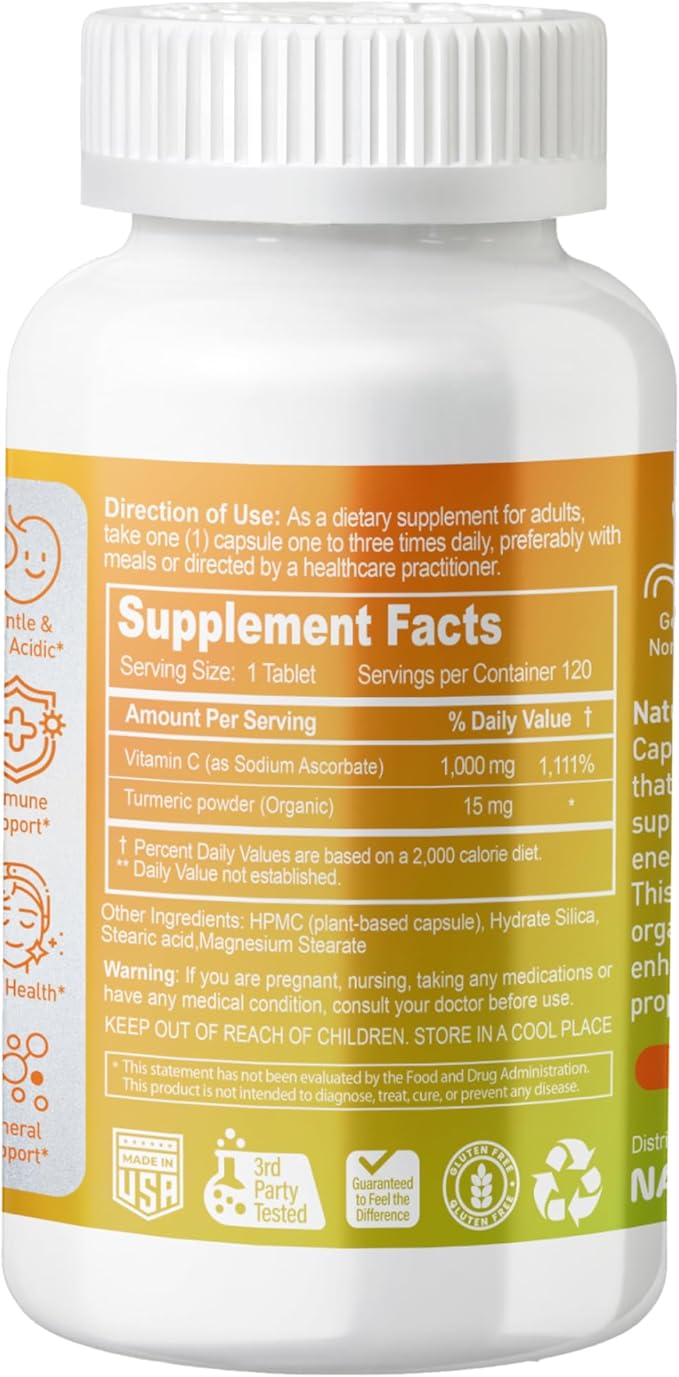Buffered Vitamin C 1000 mg with Organic Turmeric - Antioxidant & Immune Support - Healthy Skin & Joints - Gluten & Dairy Free - 120 Vegan Capsules, 120 Day Supply