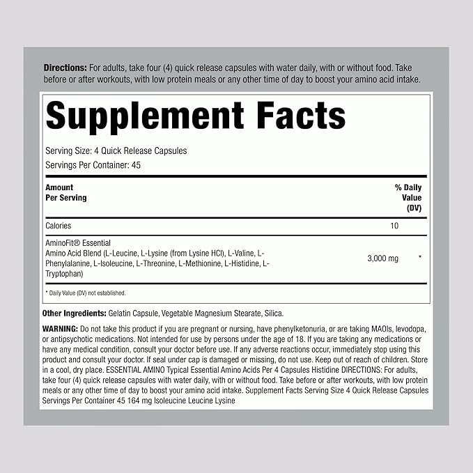 Piping Rock Amino Acid Supplement | 180 Capsules | BCAA and EAA AminoFit Complex | Non-GMO, Gluten Free | by Fitness Labs