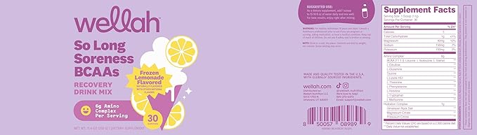 So Long Soreness BCAA Powder (Frozen Lemonade Flavored) 30 Servings - with Hydration Complex