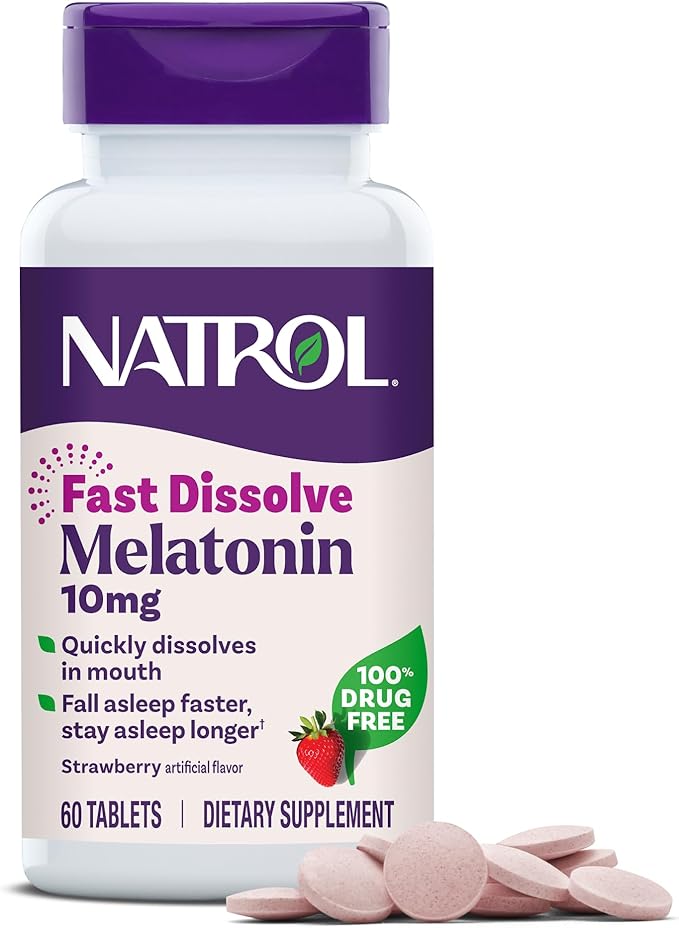 Natrol Fast Dissolve Melatonin 10 mg, Melatonin Supplements for Restful Sleep, Sleep Support for Adults, 60 Strawberry-Flavored Tablets, Up to a 60 Day Supply