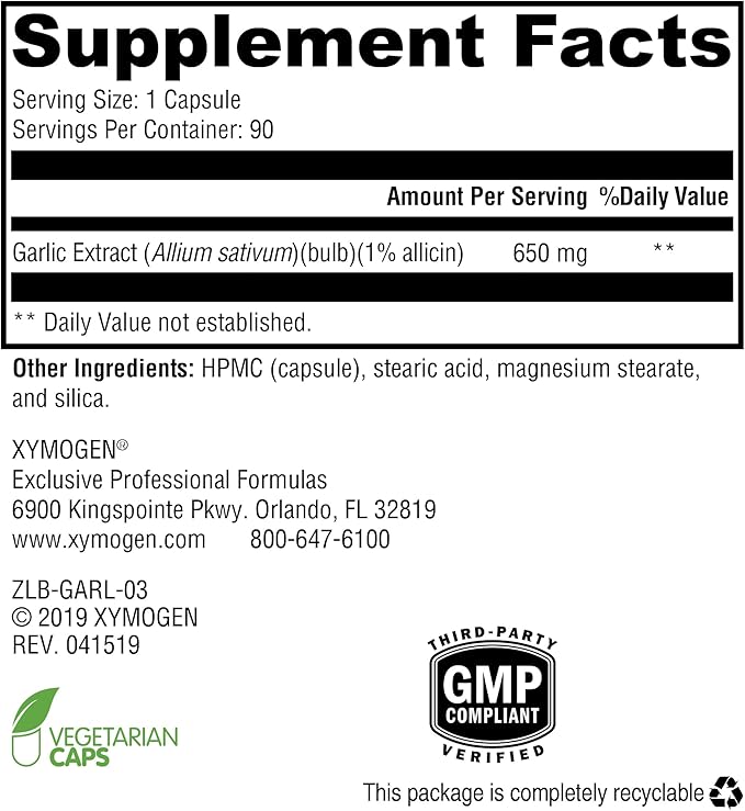 XYMOGEN GarliX - Ultra-Concentrated Garlic Supplement with Allicin + Alliin to Support Antioxidant Activity, Cardiovascular + Immune Health (90 Capsules)