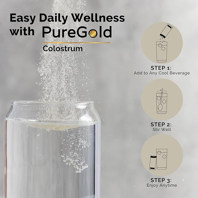 PureGold Colostrum | Premium Grass Fed | Supports Gut Health, Skin & Hair, Muscle Recovery, Bloating, Immunity | Colostrum Supplement Powder | Unflavored, 30 Serving Packets