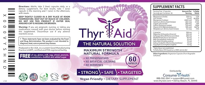 ThyrAid - Thyroid Supplement - Iodine, Kelp, Ashwagandha - Vegan - 60 Capsules (1 Month Supply)