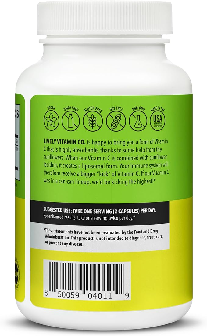 LIVELY VITAMIN CO. Citrus Kick - Liposomal Vitamin C - Sunflower Lecithin - Immune Function - Highly Absorbable - Collagen Synthesis - Eye Health Immunity - Gluten Dairy Soy Free - 120 Capsules