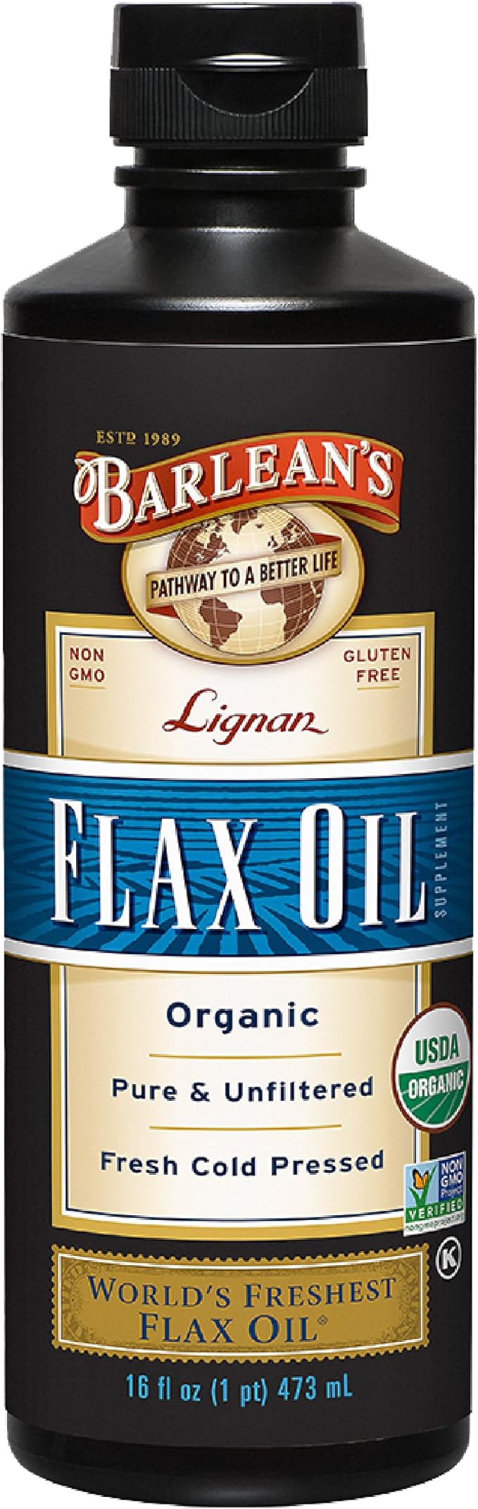 Barlean's Organic Lignan Flaxseed Oil Liquid Supplement from Cold Pressed Flax Seeds - 7,230 mg ALA Omega-3 Fatty Acids for Heart Health, Vegan and Gluten Free, 16 oz