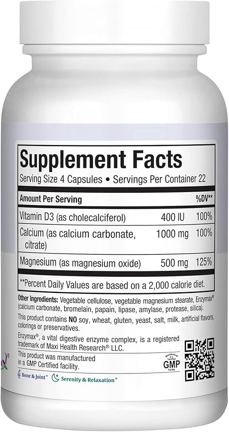 Maxi Health Calcium 1000 mg Supplement with Vitamin D3 (1000 IU) and Magnesium (500 mg) - Bone, Teeth and Joint Support for Men and Women - 90 Capsules