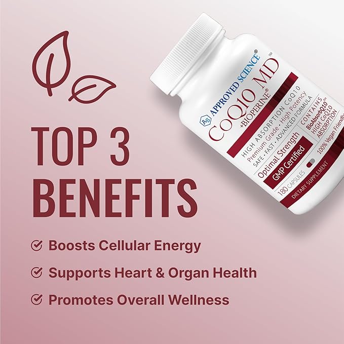Approved Science® CoQ10 MD - Extra Strength 250mg Pure CoQ10 with Bioperine® for Faster Absorption - Optimal Support - 3 Month Supply