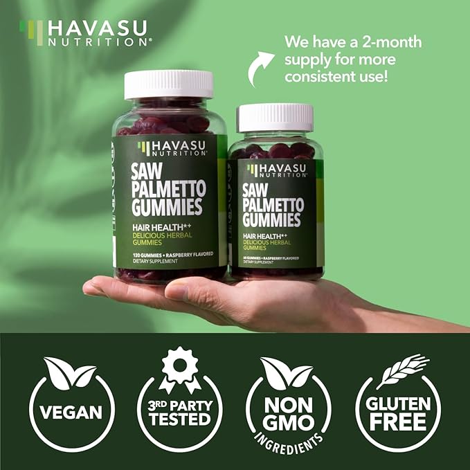 Saw Palmetto for Men Gummies - DHT Blocker Supplement for Hair Health and Male Patterned Balding - 120 Count - Supports Scalp and Prostate Wellness - Raspberry Flavor - Vegan, Non-GMO, 2 Month Supply