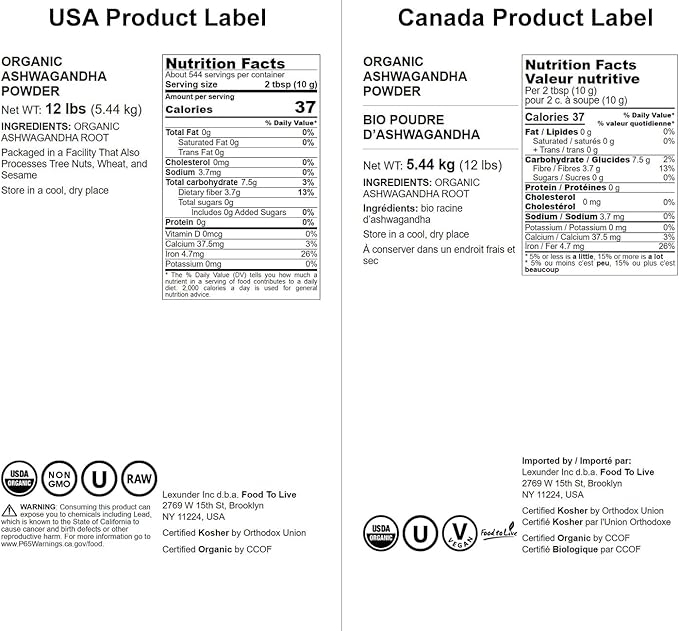 Food to Live Organic Ashwagandha Root Powder, 12 Pounds - Non-GMO, Finely Ground Indian Ginseng, Pure, Raw, Vegan. Easy to Mix. Adaptogenic Herb.