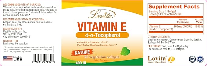 Lovita Vitamin E 400 IU Softgels, Natural Vitamin E 268 mg (as D Alpha Tocopherol), Vegan Vitamin E for Healthy Skin, Hair, Nails & Immune System Support, 120 Vegetarian Softgels