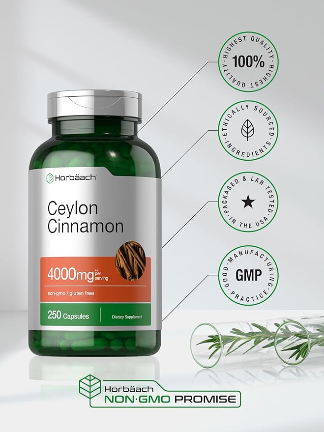 Horbaach Ceylon Cinnamon Capsules 4000mg | 250 Count | Non-GMO, Gluten Free